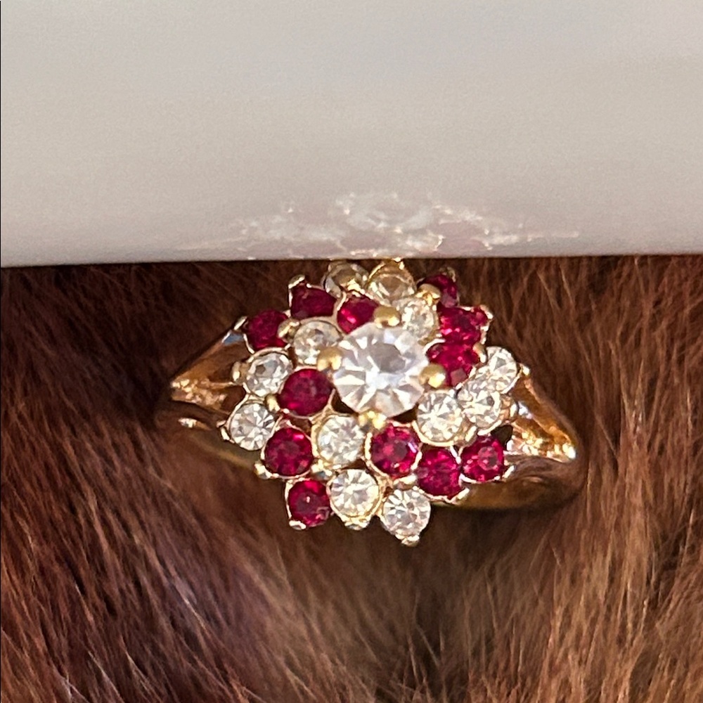18KHGE Cathedral Ring with Red and White Gemstones